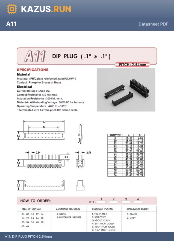 A1110AS1 datasheet - DIP PLUG PITCH 2.54mm