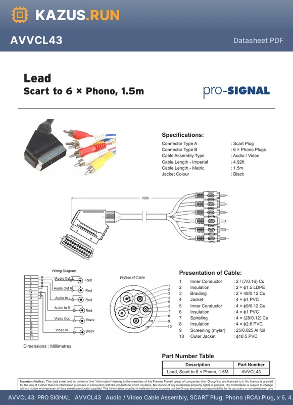 AVVCL43 datasheet - PRO SIGNAL   AVVCL43   Audio / Video Cable Assembly, SCART Plug, Phono (RCA) Plug, x 6, 4.9 ft, 1.5 m, Black