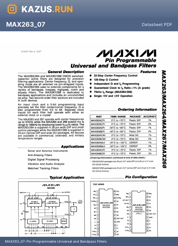 MAX268BCWG datasheet - Switched Capacitor Filter, 2 Func, Pin Programmable, Bandpass, CMOS, PDSO24, 0.300 INCH, SOIC-24