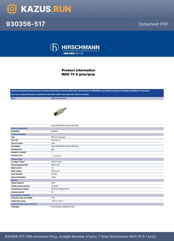 930356-517 datasheet - DIN connector Plug, straight Number of pins: 7 Grey Hirschmann MAS 70 S 1 pc(s)