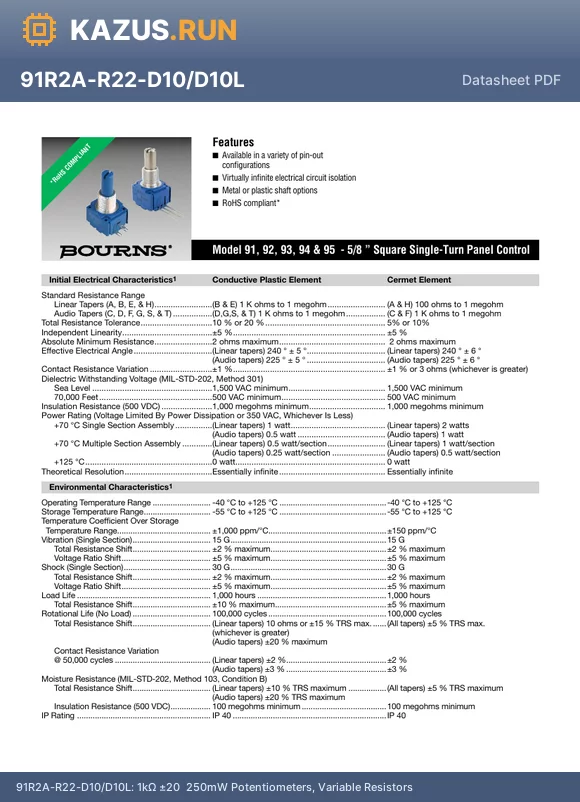 93A1A-B28-A18 datasheet - The 93A1A-B28-A18 is a single gang, single turn variable resistor with a maximum operating temperature of 125`C and a minimum operating temperature of -40`C. It features a resistance of 50kR and a tolerance of 10%. The resistor is constructed using a cer