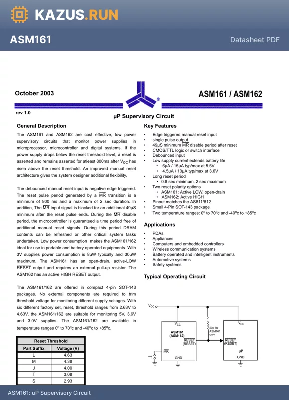 ASM162JEUS/T datasheet - uP Supervisory Circuit