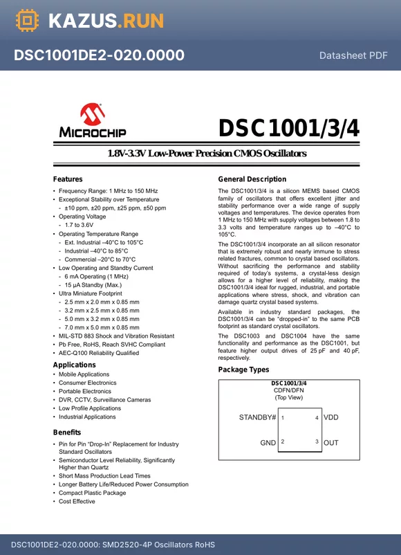 DSC1001CL1-059.9040 datasheet - Oscillator MEMS 59.904MHz a50ppm (Stability) 15pF CMOS 55% 1.8V/2.5V/3.3V Automotive 4-Pin CDFN SMD Tube
