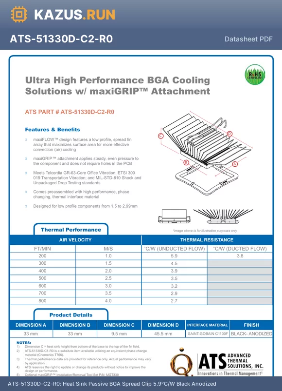 ATS-51330D-C2-R0 datasheet - Heat Sink Passive BGA Spread Clip 5.9`C/W Black Anodized