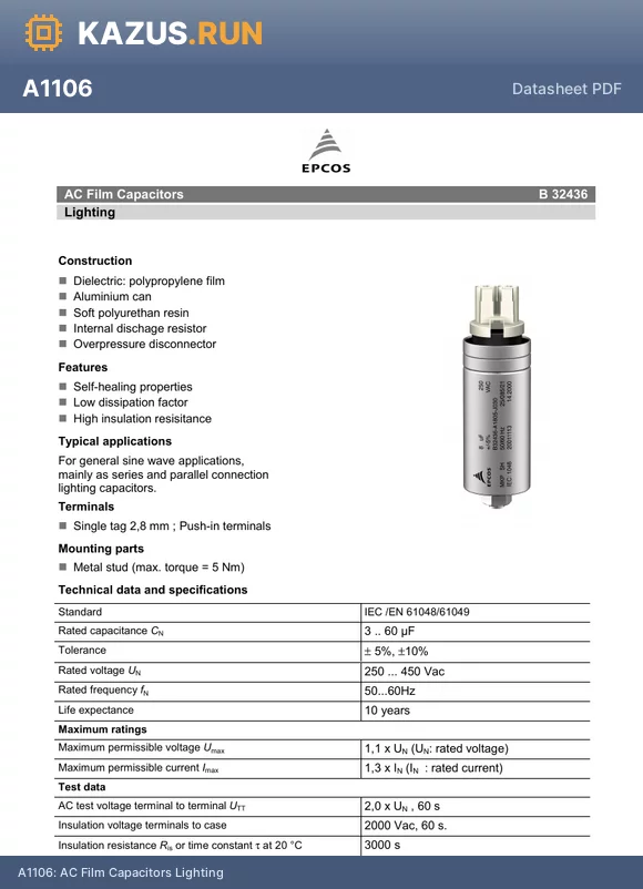 A1156 datasheet - AC Film Capacitors Lighting