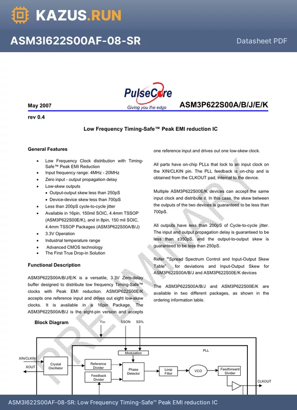ASM3I622S00AG-08-TR datasheet - Low Frequency Timing-Safe Peak EMI reduction IC