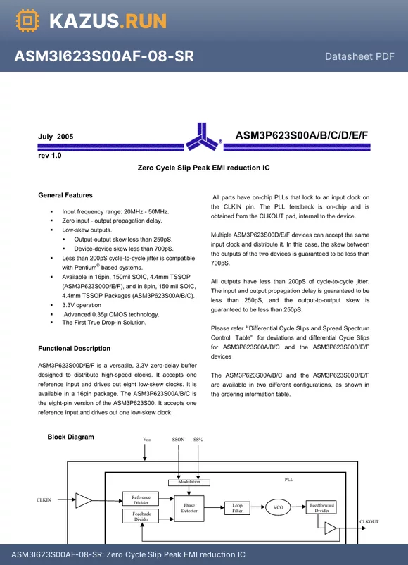 ASM3I623S00AG-08-TR datasheet - Zero Cycle Slip Peak EMI reduction IC