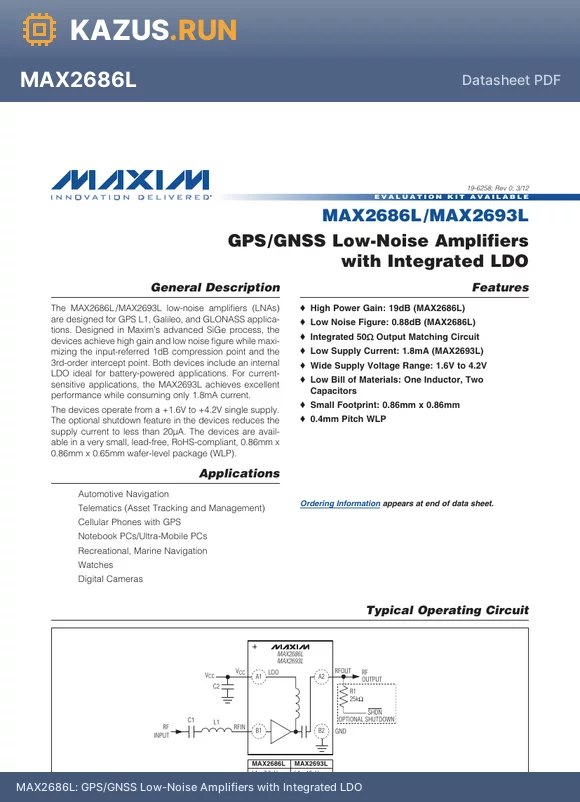 MAX2693LEWS+ datasheet - The MAX2693LEWS+ is a RF amplifier with a gain of 18.4dB, operating over a frequency range of 1.575GHz to 1.61GHz. It has a maximum operating temperature of 85`C and a minimum operating temperature of -40`C. The amplifier requires a supply voltage betwee