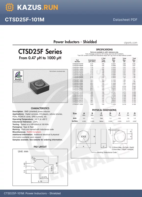 CTSD25F-R82M datasheet - Power Inductors - Shielded
