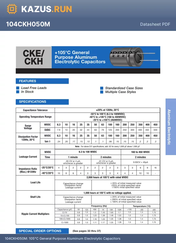 109CKH010M datasheet - 105`C General Purpose Aluminum Electrolytic Capacitors