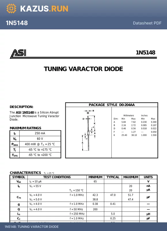 1N5148 datasheet - TUNING VARACTOR DIODE