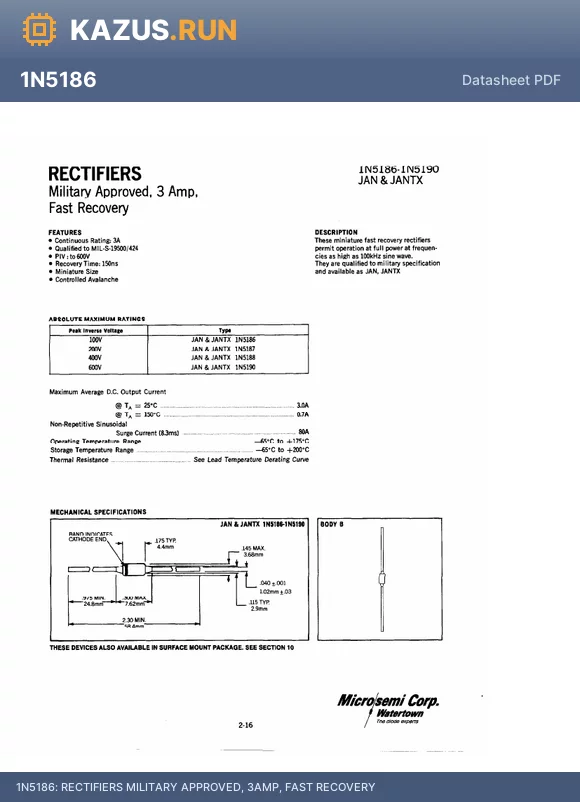 1N5190 datasheet - RECTIFIERS MILITARY APPROVED, 3AMP, FAST RECOVERY