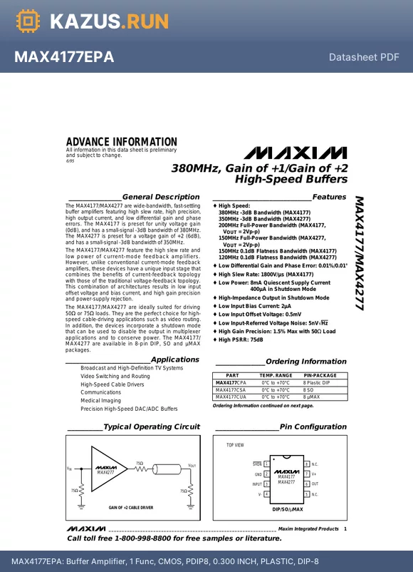 MAX4177EPA datasheet - Buffer Amplifier, 1 Func, CMOS, PDIP8, 0.300 INCH, PLASTIC, DIP-8