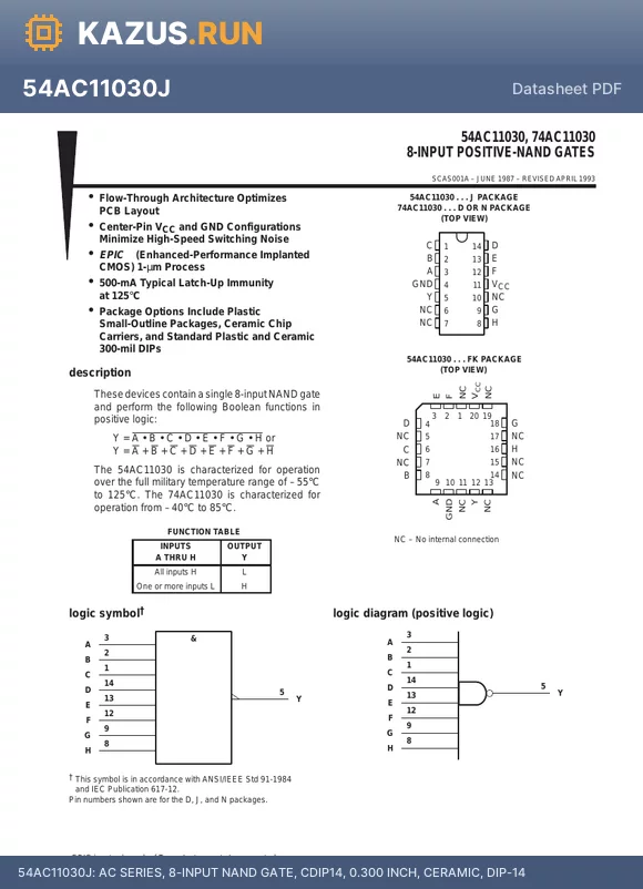 54AC11030J datasheet - AC SERIES, 8-INPUT NAND GATE, CDIP14, 0.300 INCH, CERAMIC, DIP-14