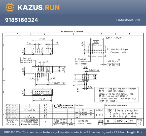 9185166324 datasheet - This connector features gold-plated contacts, a 9.2mm depth, and a 27.94mm length. It is designed for male connections and has a maximum current rating of 1A. The operating temperature range is from -55`C to 125`C. The connector has two rows and a straig