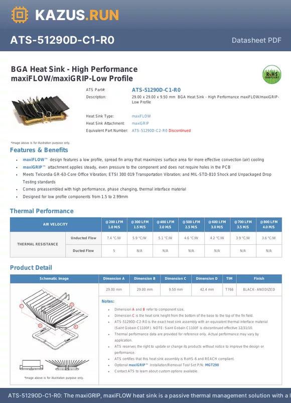 ATS-51290D-C1-R0 datasheet - The maxiGRIP, maxiFLOW heat sink is a passive thermal management solution with a BGA package. It features a thermal resistance of 7.4`C/W at 100 LFM forced air flow. The heat sink is made of aluminium with a black anodized finish and has a square shape wi