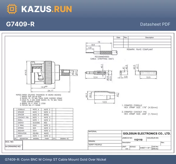 G7409-R datasheet - Conn BNC M Crimp ST Cable Mount Gold Over Nickel