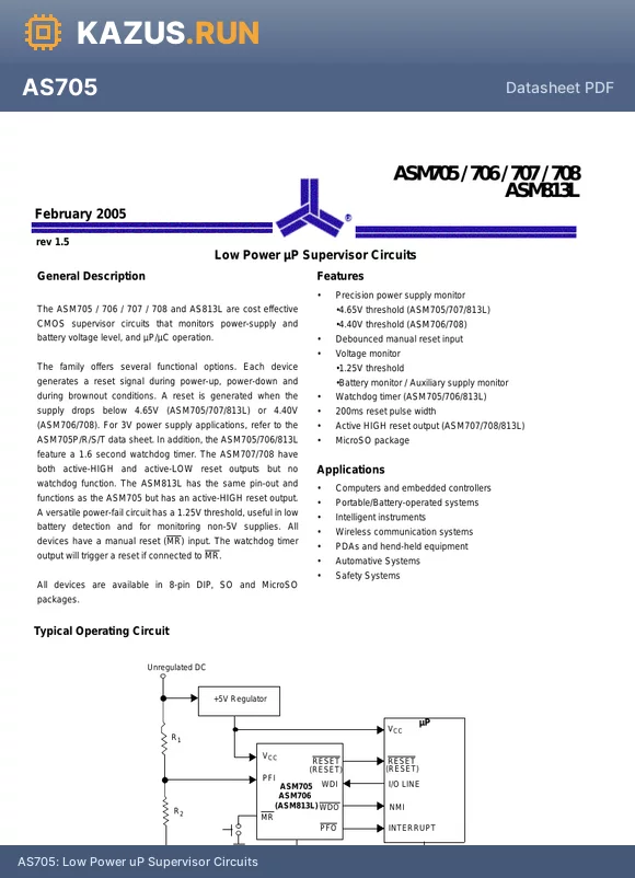 ASM706EPAF datasheet - Low Power uP Supervisor Circuits