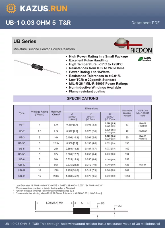 UB-10 931 OHM 5% T&R datasheet - Res Wirewound 931 Ohm 5% 7W a20ppm/`C Silicone AXL T/R