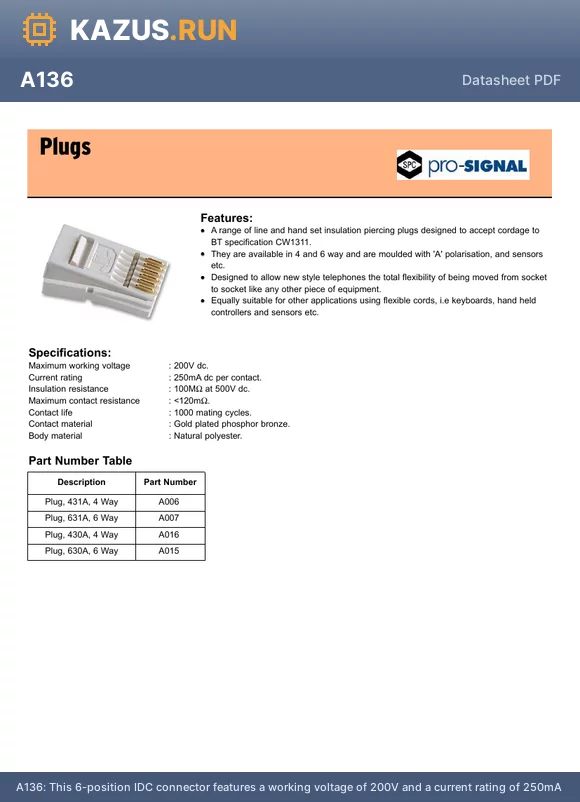 A136 datasheet - This 6-position IDC connector features a working voltage of 200V and a current rating of 250mA. It has undergone 1000 mating cycles and is constructed with a polyester material. The contact material is bronze with a gold plating, and the connector is termi