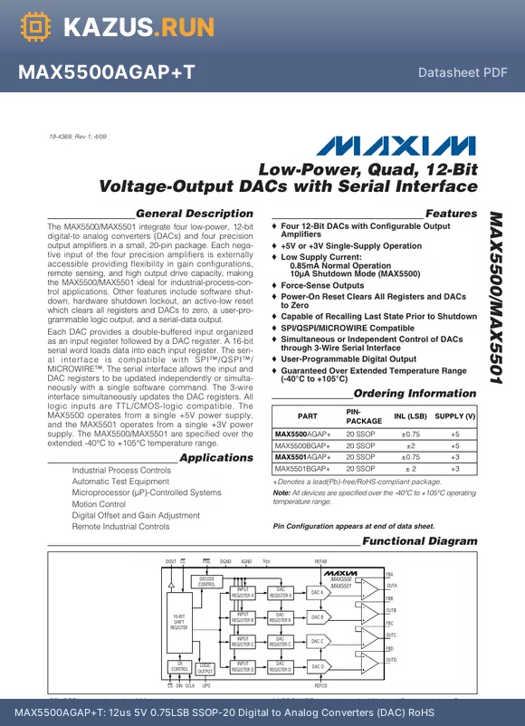 MAX5500AGAP+T datasheet - IC DAC 12BIT QUAD -.75LSB 20SSOP