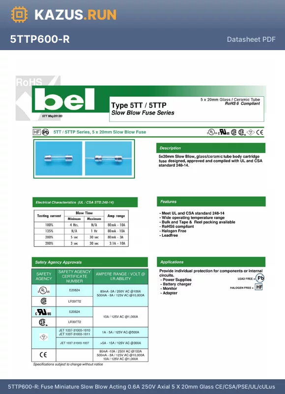5TTP600-R datasheet - Fuse Miniature Slow Blow Acting 0.6A 250V Axial 5 X 20mm Glass CE/CSA/PSE/UL/cULus