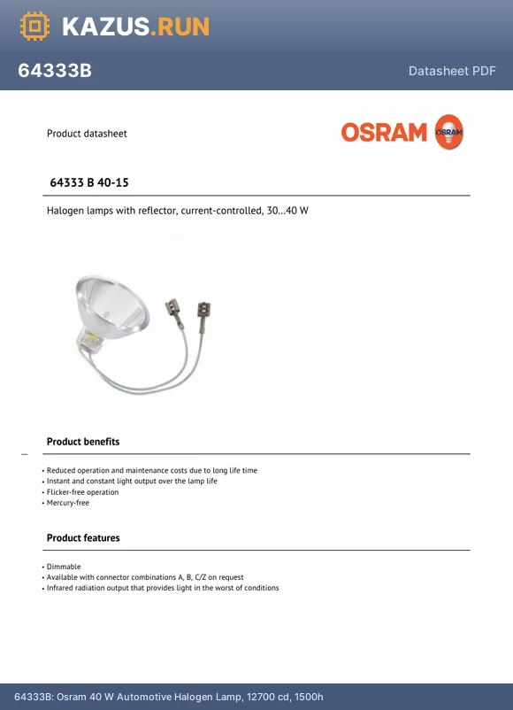 64333B datasheet - Osram 40 W Automotive Halogen Lamp, 12700 cd, 1500h