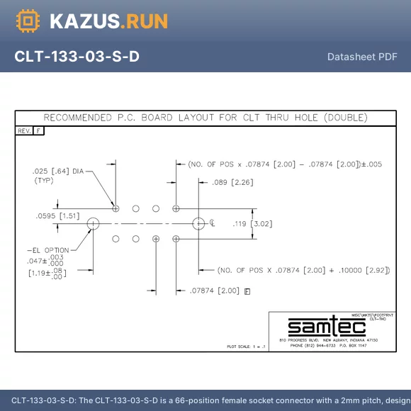 CLT-133-03-S-D datasheet - The CLT-133-03-S-D is a 66-position female socket connector with a 2mm pitch, designed for through hole mount applications. It features a gold-plated contact finish and a bronze contact material. The connector is constructed from a polymer insulation mater