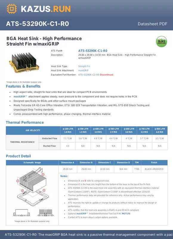 ATS-53290K-C1-R0 datasheet - The maxiGRIP BGA heat sink is a passive thermal management component with a package cooled by BGA. It has a square shape with fins and is made of anodized aluminium. The heat sink measures 29mm in length, 29mm in depth, and 14.5mm in height. It is availabl