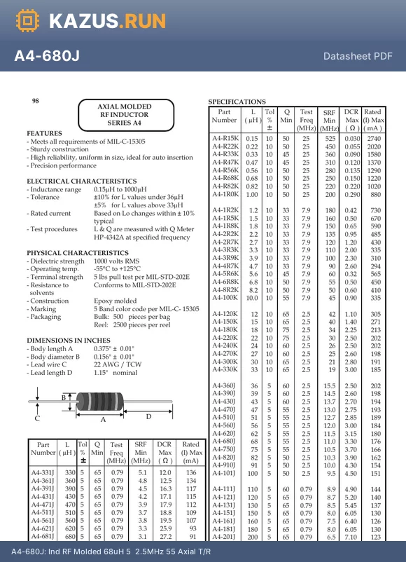 A4-R22K datasheet - Ind RF Molded 220nH 10% 25MHz 50 Axial T/R