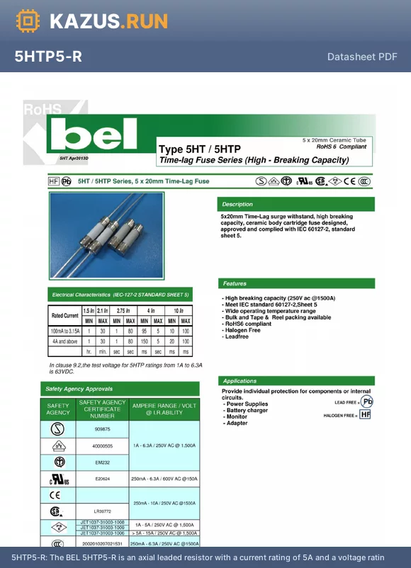 5HTP5-R datasheet - The BEL 5HTP5-R is an axial leaded resistor with a current rating of 5A and a voltage rating of 250V. It is designed for through hole mounting and features a lead free tin matte plating. The resistor has a maximum operating temperature of 125`C and a mini