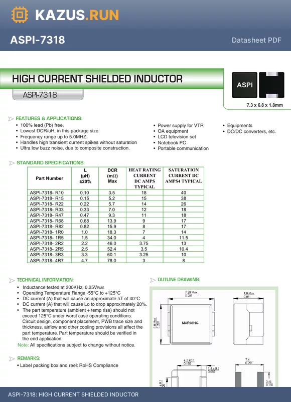 ASPI-7318-R82 datasheet - HIGH CURRENT SHIELDED INDUCTOR