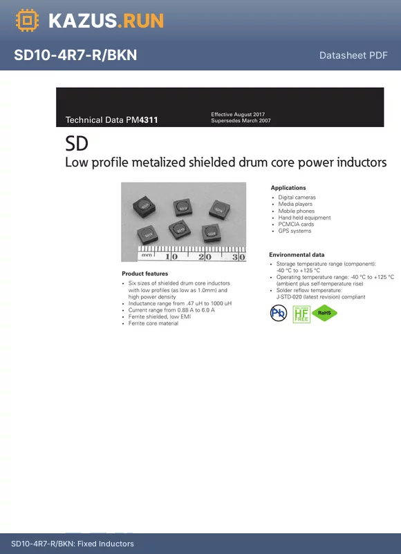 SD12-R47-R datasheet - Surface mount fixed inductor featuring a shielded drum core with ferrite material. Offers inductance of 470nH with a 20% tolerance at 100kHz. Rated for a continuous current of 3.19A and saturation current of 3.86A, with a low DC resistance of 24.6mR. Encas