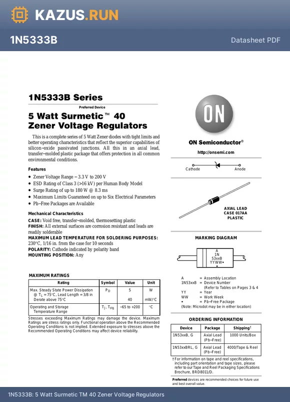 1N5340BG datasheet - 5 Watt Surmetic TM 40 Zener Voltage Regulators