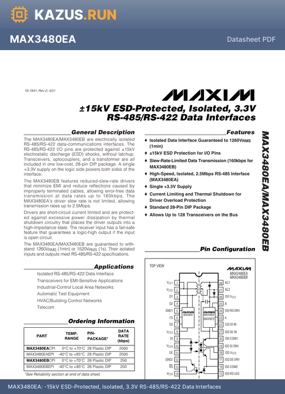 MAX3480EBCPI datasheet - Line Transceiver, 1 Func, 1 Driver, 1 Rcvr, Hybrid, PDIP28, 0.600 INCH, PLASTIC, MS-011AB, DIP-28