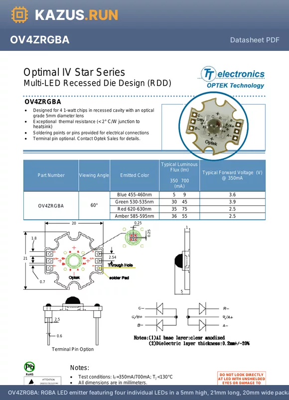 OV4ZRGBA datasheet - RGBA LED emitter featuring four individual LEDs in a 5mm high, 21mm long, 20mm wide package. Emitting light in blue, green, red, and orange wavelengths, this component offers a 60` viewing angle and a luminous flux of 5lm. It operates with a forward curre