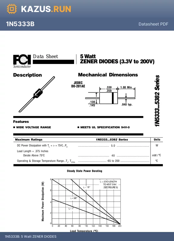 1N5372B datasheet - 5 Watt ZENER DIODES