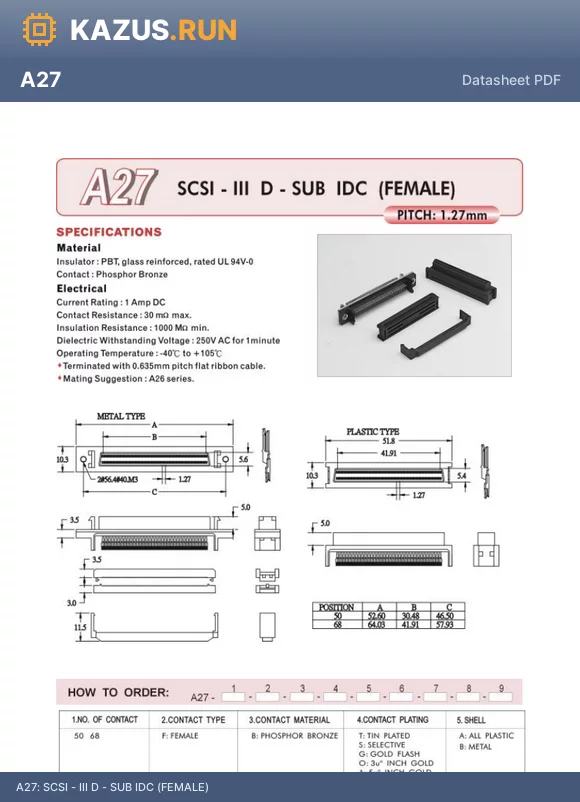 A27 datasheet - SCSI - III D - SUB IDC (FEMALE)