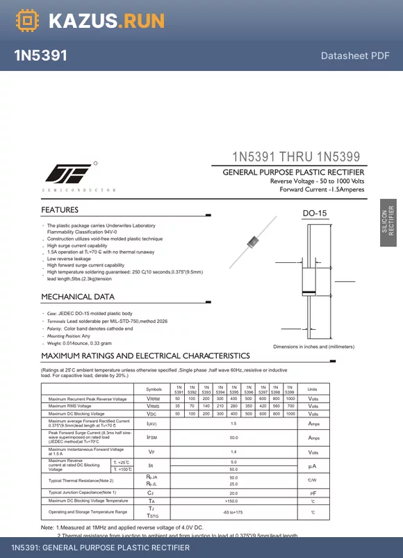 1N5391 datasheet - GENERAL PURPOSE PLASTIC RECTIFIER