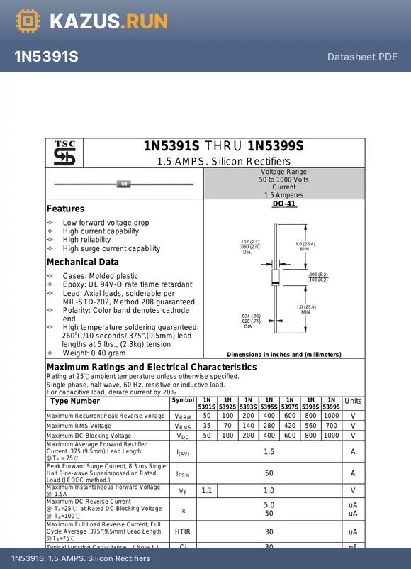1N5392S datasheet - 1.5 AMPS. Silicon Rectifiers