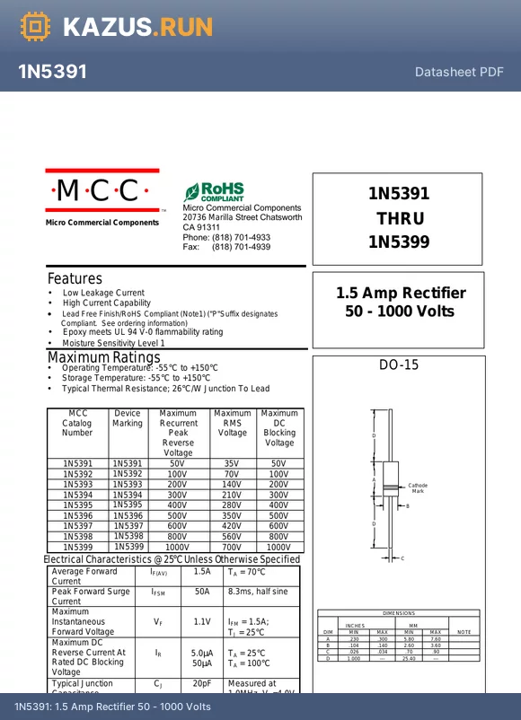 1N5397 datasheet - 1.5 Amp Rectifier 50 - 1000 Volts