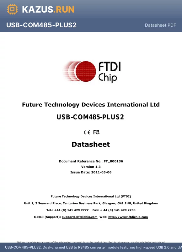USB-COM485-PLUS2 datasheet - Dual-channel USB to RS485 converter module featuring high-speed USB 2.0 and UART interfaces.  Operates from a 5V supply voltage with a wide temperature range of -40`C to 85`C.  This lead-free module is supplied in bulk packaging.