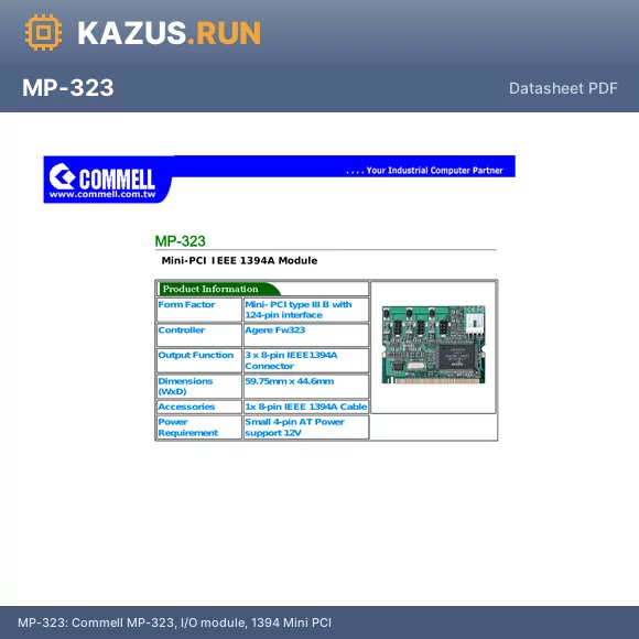 MP-323 datasheet - Commell MP-323, I/O module, 1394 Mini PCI