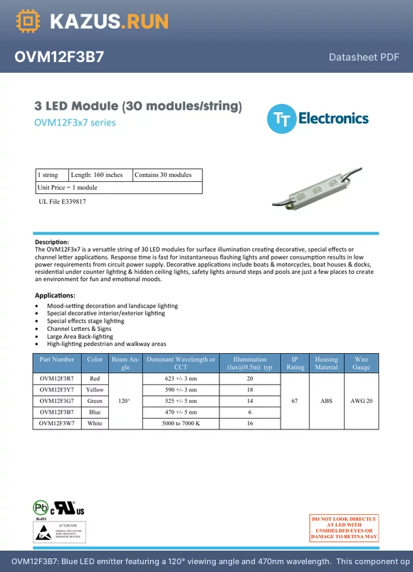 OVM12F3B7 datasheet - Blue LED emitter featuring a 120` viewing angle and 470nm wavelength.  This component operates at 12V with a maximum current rating of 25mA and a power dissipation of 1.5W.  It offers a luminous flux of 6lm and is designed for screw mounting with a flat, 