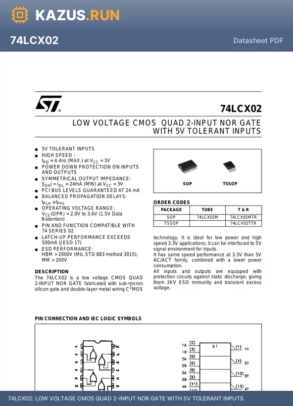 74LCX02M datasheet - LOW VOLTAGE CMOS QUAD 2-INPUT NOR GATE WITH 5V TOLERANT INPUTS