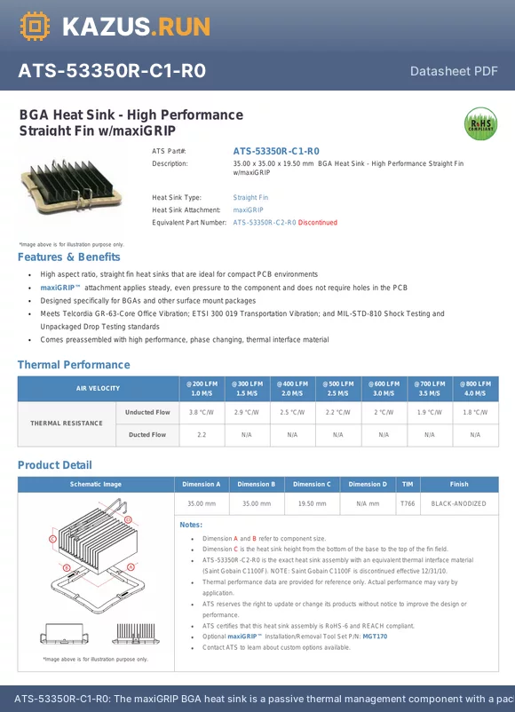 ATS-53350R-C1-R0 datasheet - The maxiGRIP BGA heat sink is a passive thermal management component with a package cooled by BGA. It measures 35mm in length, 35mm in depth, and 19.5mm in height, with a width of 1.378inch. The heat sink is made of anodized aluminium and features a clip m