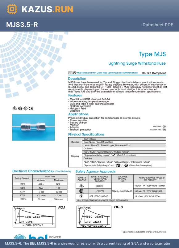 MJS3.5-R datasheet - The BEL MJS3.5-R is a wirewound resistor with a current rating of 3.5A and a voltage rating of 250V AC. It has a maximum operating temperature of 125`C and a minimum operating temperature of -55`C. The resistor is packaged in a bulk quantity of 500 units