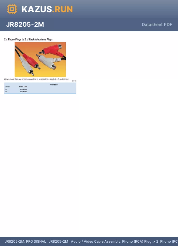 JR8205-2M datasheet - PRO SIGNAL   JR8205-2M   Audio / Video Cable Assembly, Phono (RCA) Plug, x 2, Phono (RCA) Plug, x 2, (Stackable), 6.5 ft