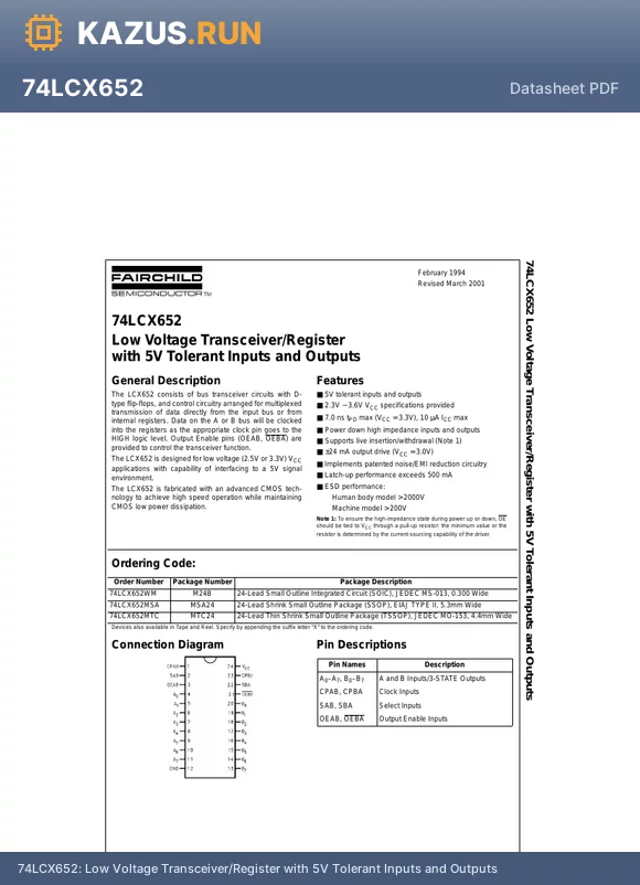 74LCX652MSA datasheet - Low Voltage Transceiver/Register with 5V Tolerant Inputs and Outputs