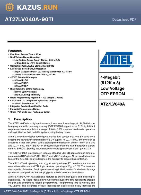 AT27LV040A-90TU datasheet - 4-Megabit (512K x 8) Low Voltage OTP EPROM